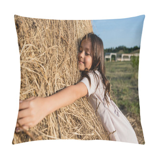 Personality  Smiling Girl With Closed Eyes Embracing Haystack In Meadow Pillow Covers