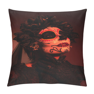 Personality  Portrait Of Woman In Costume And Catrina Makeup On Burgundy Background With Red Lighting  Pillow Covers