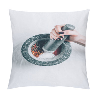 Personality  Cropped Image Of Woman Grinding Spices In Mortar On White Table Pillow Covers