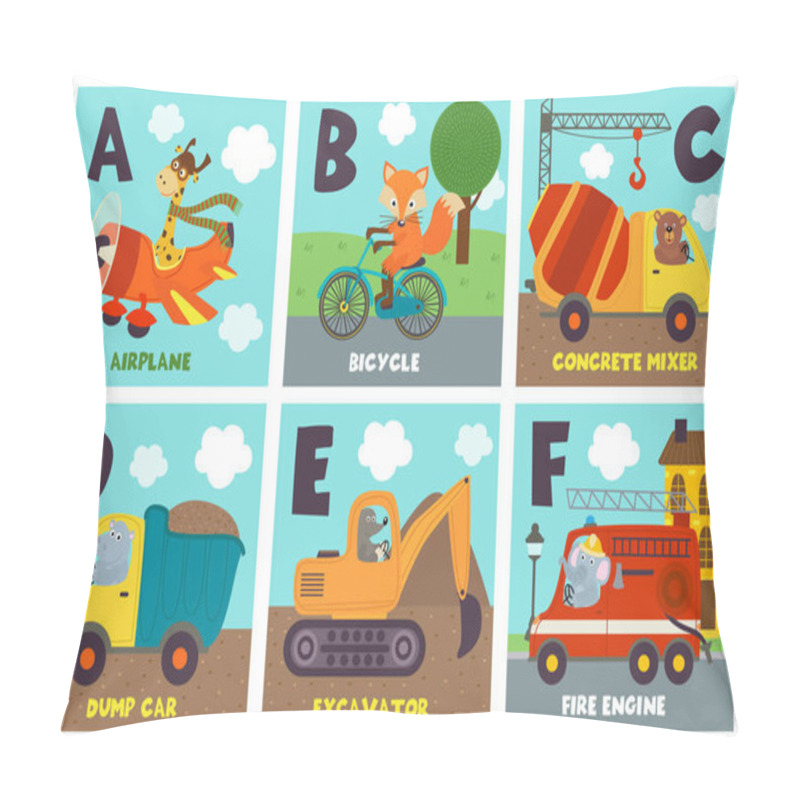 Personality  Alphabet Card With Transport And Animals A To F - Vector Illustration, Eps Pillow Covers