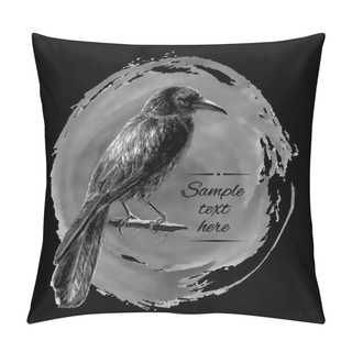 Personality  The Raven Sitting On A Branch With Background Of Black Ink Stains. Vector Illustration Pillow Covers