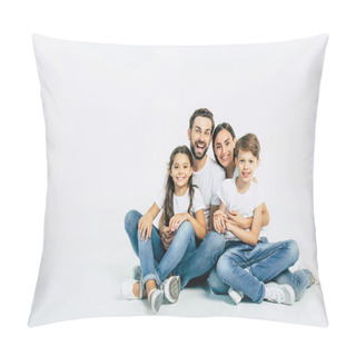 Personality  Group Portrait Of Young Caucasian Family With Son And Daughter On White Background Pillow Covers