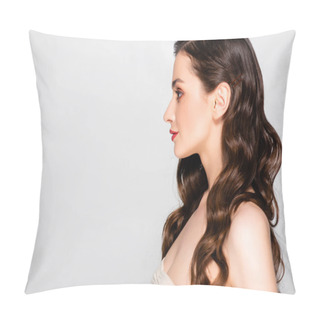 Personality  Side View Of Beautiful Brunette Woman With Curls And Makeup Isolated On Grey Pillow Covers