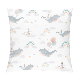 Personality  Beautiful Children Seamless Pattern Contain Cute Hand Drawn Watercolor Flying Whales With Air Balloons Lighthouses Clouds And Rainbows. Stock Illustration. Pillow Covers