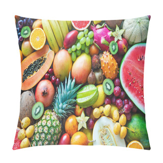 Personality  Food Background. Assortment Of Colorful Ripe Tropical Fruits. Top View Pillow Covers