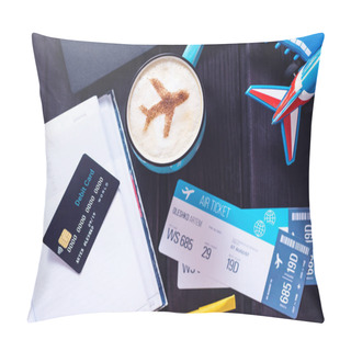 Personality  Laptop, Plane Tickets, Coffee, Credit Card Lies On The Table Pillow Covers