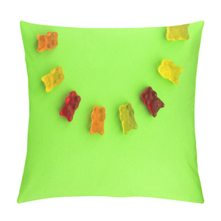 Personality  Sweets Of Teddy Bears In Different Colors. Rainbow Circle Of Colored Sweet Gummy Teddy Bears On Green Background, Bright Copy Space. Pillow Covers