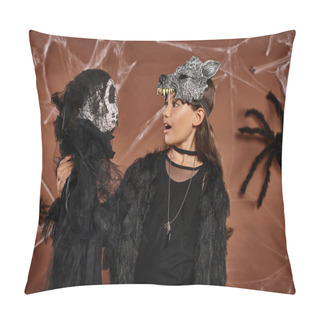 Personality  Close Up Surprised Girl In Black Attire Holding And Looking At Halloween Toy, Halloween Concept Pillow Covers