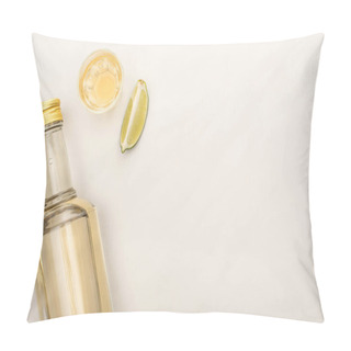 Personality  Top View Of Golden Tequila In Bottle And Shot Glass With Lime On White Marble Surface Pillow Covers