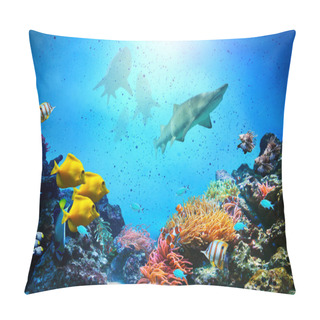 Personality  Underwater Scene. Coral Reef, Fish Groups, Sharks In Clear Ocean Water Pillow Covers