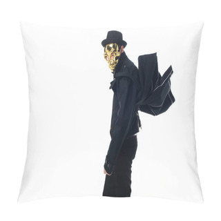 Personality  Side View Of Criminal In Mask, Hat And Black Coat Isolated On White Pillow Covers