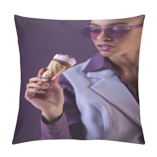 Personality  Beautiful African American Girl In Trendy Ultra Violet Sunglasses Looking At Ice Cream In Cone, Isolated On Purple Pillow Covers