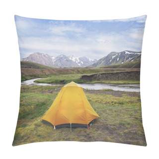 Personality  An Orange Tent On A River Shore , Camping And Trekking In Iceland  Pillow Covers