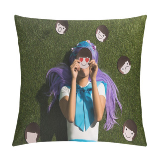 Personality  Anime Girl In Purple Wig Lying On Grass With Emoticons Pillow Covers