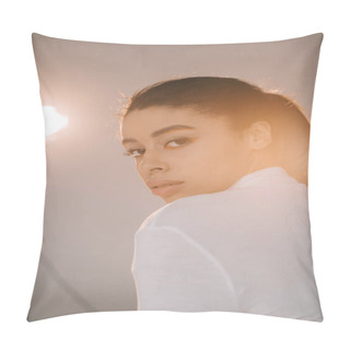 Personality  Pretty African American Female Model Looking At Camera And Posing In Studio With Spotlight Pillow Covers