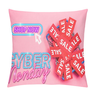 Personality  Top View Of Sale Tags In Shopping Basket Near Shop Now, Cyber Monday Lettering On Pink, Black Friday Concept Pillow Covers