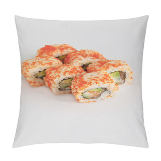 Personality  Delicious California Roll With Avocado, Salmon And Masago Caviar On White Surface Pillow Covers