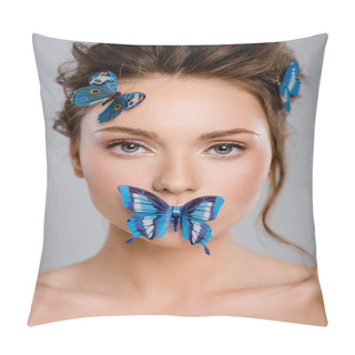 Personality  Beautiful Young Woman With Decorative Butterflies On Face Isolated On Grey  Pillow Covers