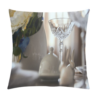 Personality  Selective Focus Of Crystal Glass Near Flowers In Vase And Decorative Rabbits On Wooden Table At Home Pillow Covers