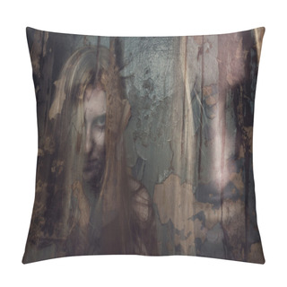 Personality  Double Exposure Of Ghost Girl In Abandoned Building Pillow Covers