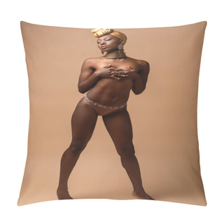 Personality  Sexy Naked Tribal Afro Woman Posing On Beige Pillow Covers