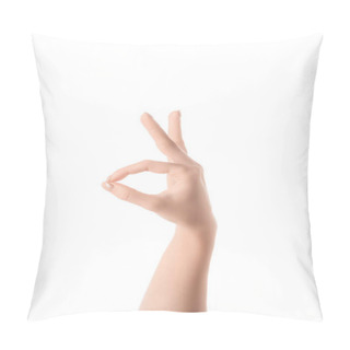 Personality  Cropped View Of Woman Showing Ok Sign Isolated On White Pillow Covers