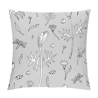 Personality  Abstract Seamless Floral Pattern With Tulips, Leaves And Herbs. Hand Drawn Black And White Flowers On Grey Background Pillow Covers