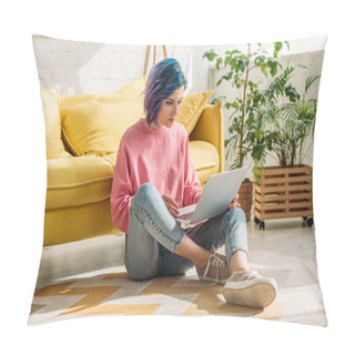 Personality  Freelancer With Colorful Hair Working With Laptop Near Sofa In Living Room Pillow Covers