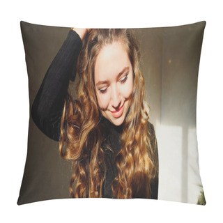 Personality  Young Female Smiling, Looking At Camera With Curly Hair Pillow Covers