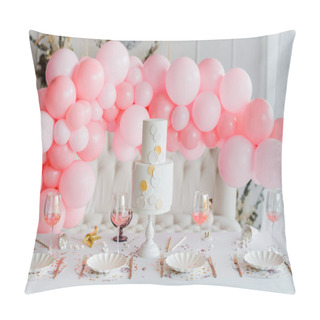 Personality  Birthday Or Wedding Table Setting In White Colors With Cocktails In Glasses. Baby Shower Or Girl Party. Selective Focus. Balloon Garland Pillow Covers