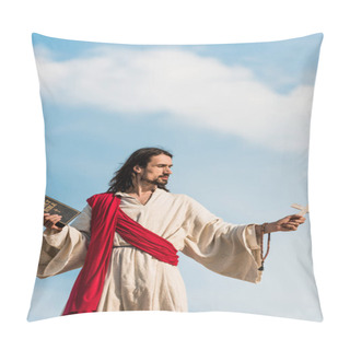 Personality  Jesus Holding Holy Bible And Wooden Cross Against Blue Sky With Clouds  Pillow Covers