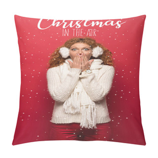 Personality  Shocked Woman Posing In Winter Outfit On Red With Snowfall And Christmas In The Air Illustration Pillow Covers