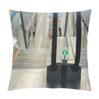 Personality  Close-up Shot Of Green Light Of Escalator At Shopping Mall Pillow Covers