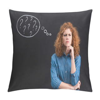 Personality  Thoughtful Redhead Girl With Question Marks In Thought Bubble On Chalkboard Pillow Covers