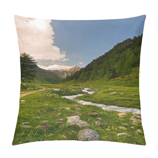 Personality  Stream Flowing Through Blooming Alpine Meadow And Lush Green Woodland Set Amid High Altitude Mountain Range At Sunsets. Valle D'Aosta, Italian Alps. Pillow Covers