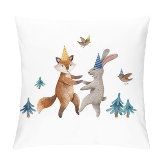 Personality  Watercolor Illustration With Dancing Fox And Rabbit In Birthday Caps And Birds. Animal Characters. Childish Style, Hand Drawn Clipart, Birthday And Baby Shower Celebration Concept. Pillow Covers