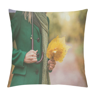 Personality  Woman  Holding Umbrella And Fall Leafs While Standing In The Park. Pillow Covers