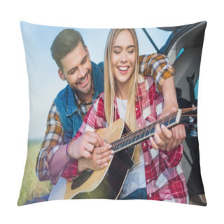 Personality  Young Man Teaching Smiling Girlfriend To Play On Acoustic Guitar While They Sitting On Car Trunk  Pillow Covers