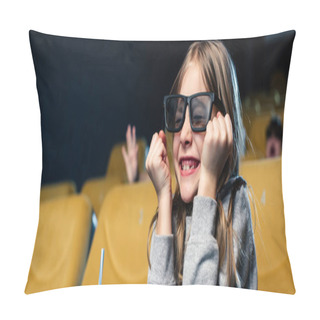 Personality  Panoramic Shot Of Exited Child In 3d Glasses Watching Movie In Cinema Pillow Covers