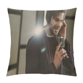 Personality  Handsome Young Singer In Headphones Performing Song At Studio Pillow Covers
