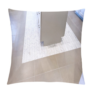 Personality  A Stylish Flooring Transition Where A White Herringbone Tile Pattern Seamlessly Meets Smooth Tan Tiles, Creating A Striking Visual Contrast In This Modern Home Space. Pillow Covers