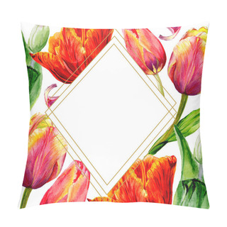 Personality  Amazing Red Tulip Flowers With Green Leaves. Hand Drawn Botanical Flowers. Watercolor Background Illustration. Frame Border Ornament Crystal. Geometric Quartz Polygon Crystal Stone. Pillow Covers