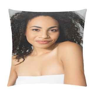 Personality  African American Woman With Clean Skin Looking At Camera Isolated On Grey  Pillow Covers