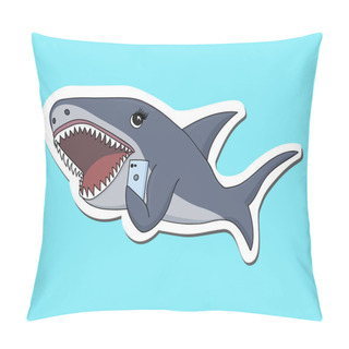 Personality  Illustration In Flat Style Of Female Shark That Is Chatting On Mobile Phone, Can Be Used Like Sticker Or Printing Pillow Covers