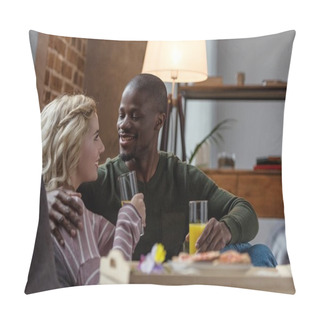 Personality  Side View Of Smiling Interracial Couple With Glasses Of Juice Looking At Each Other At Home Pillow Covers