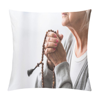 Personality  Partial View Of Senior Woman Praying With Wooden Rosary  Pillow Covers