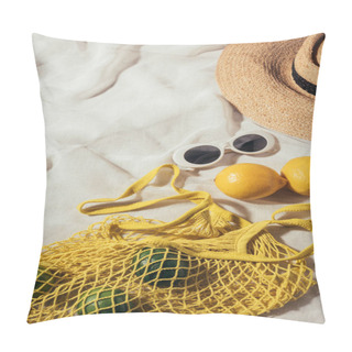 Personality  High Angle View Of Sunglasses, Wicker Hat And String Bag With Fresh Ripe Tropical Fruits Pillow Covers