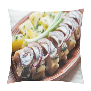 Personality  Close Up Of Tasty Marinated Herring With Potatoes And Onions In Earthenware Plate Pillow Covers