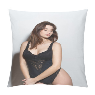 Personality  Freckled Woman, Wearing Underwear, Standing Indoors, Looking Dow Pillow Covers
