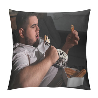 Personality  Depressed Overweight Man Eating Sweets In Living Room At Night Pillow Covers